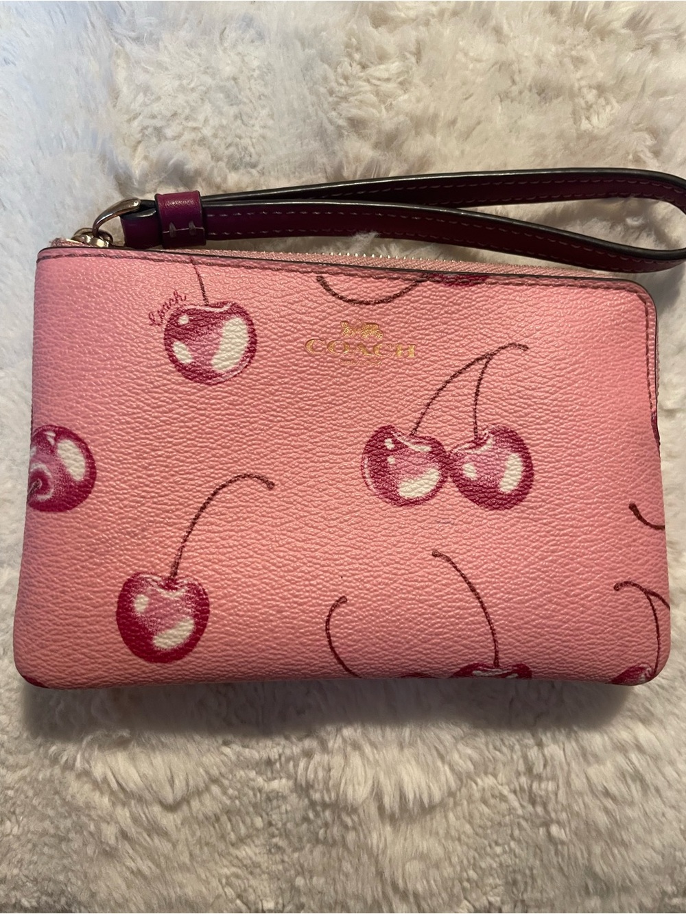 Coach Pink Cherry Print Wristlet with Plum Strap